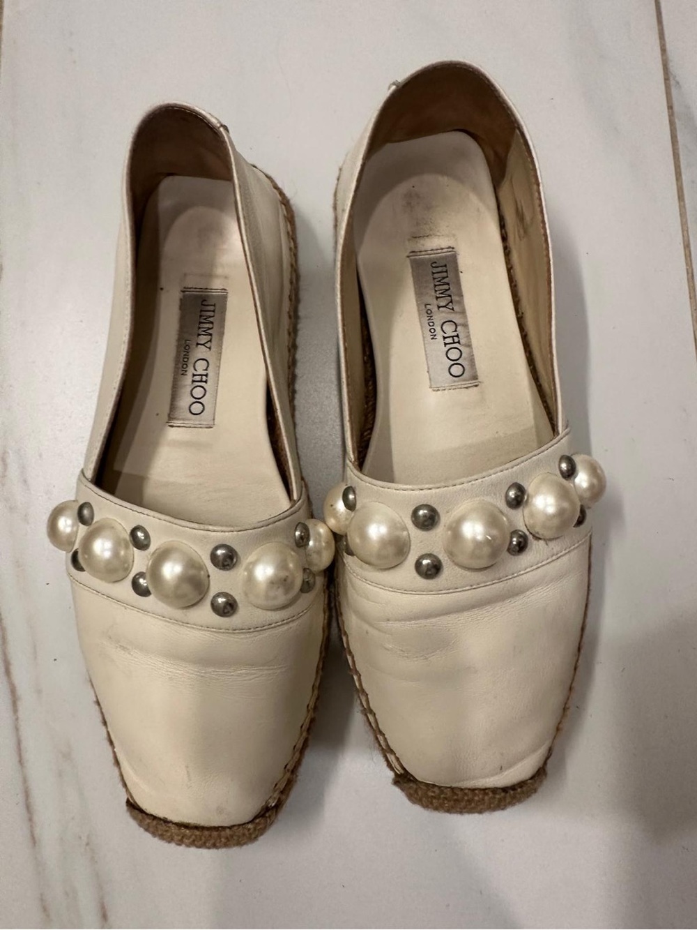 Jimmy Choo Cream Pearl-Embellished Espadrille Mules